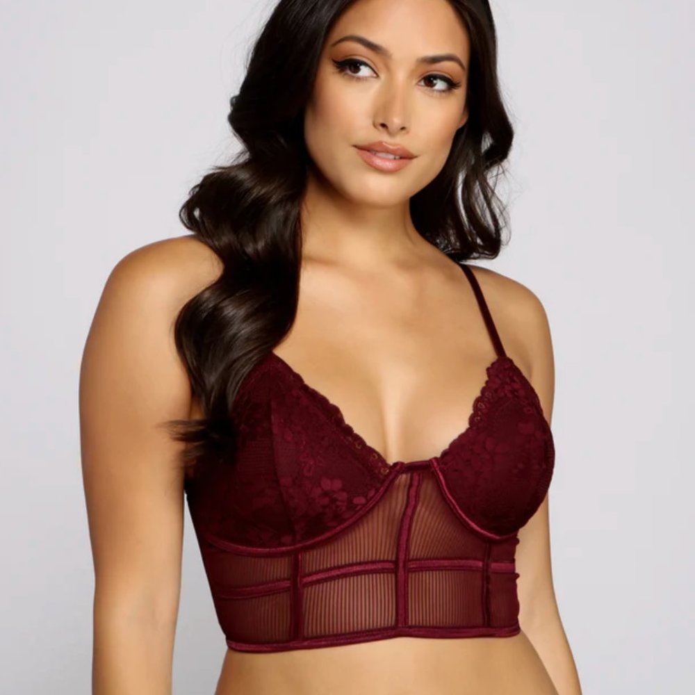 BOZZOLO Sexy Burgundy Lace Longline Bra Bralette Corset Style Crop Top Bustier
